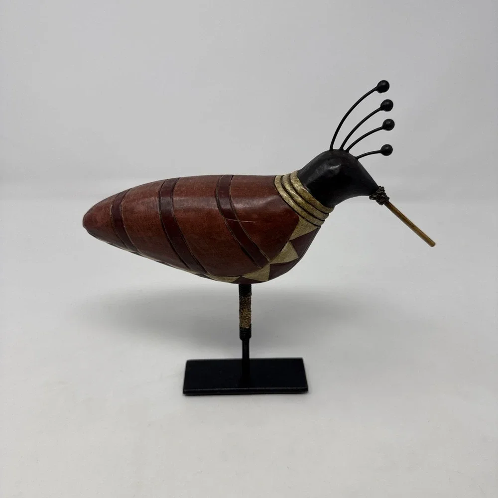 Pier 1 Imports Handmade‎ Wooden Bird Figurine on Metal Rod Stand 9